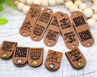 10 Jesus & Coffee Theme faux leather tags! Knit Tags! Crochet Label!  Cup Cozy Tags! Branding Labels!  Rivets! Coffee Mug Cozy Tags!