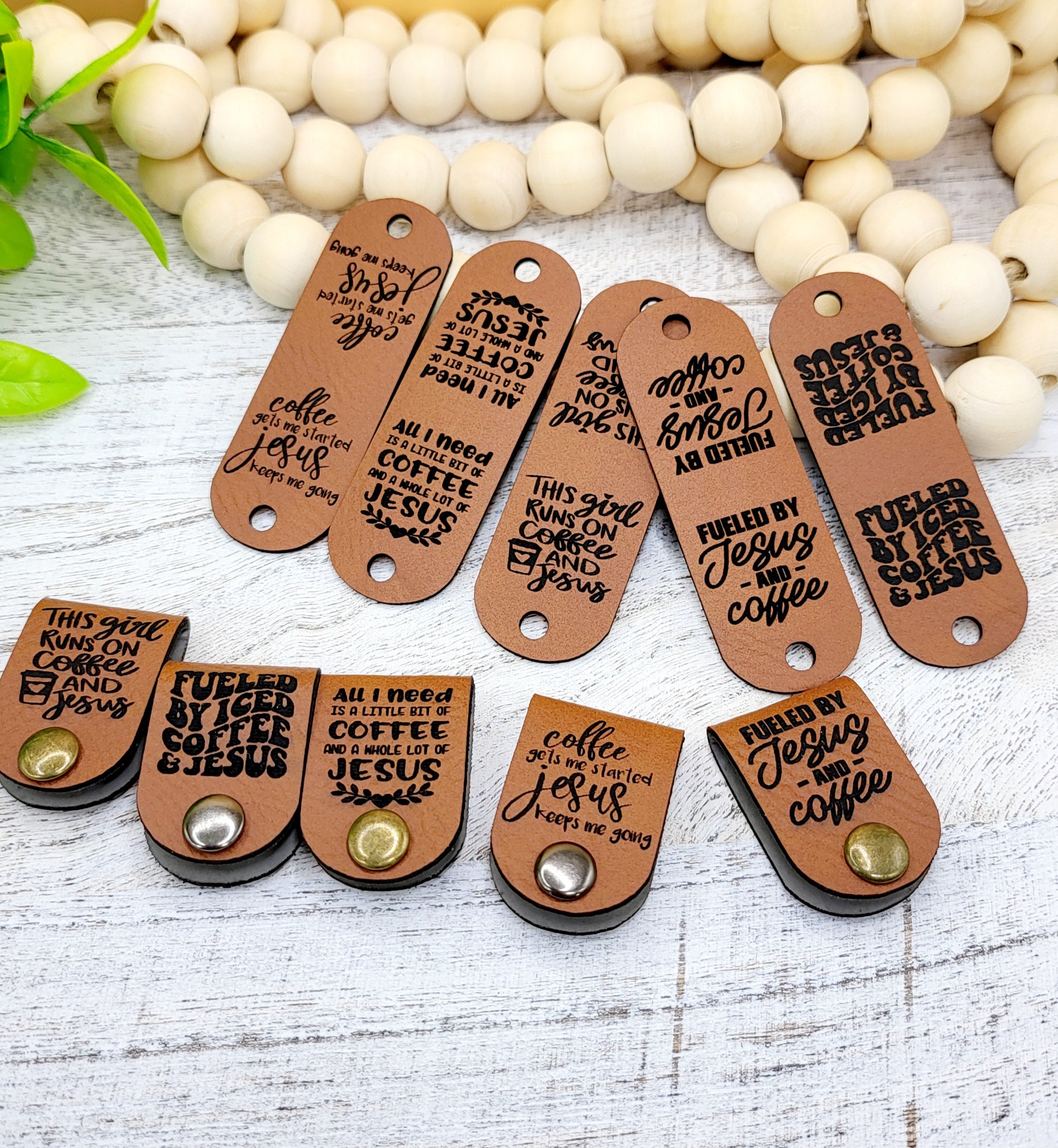 10 Jesus & Coffee Faux Leather Tags: Crochet Knit Label with Rivets