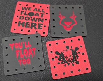 Set of 4 Halloween Designs Faux Leather Patches Crochet Beanies ~ Cozies ~ Ear warmers - Baskets ~ Horror Movie ~ Market Bags ~ Knit Hats