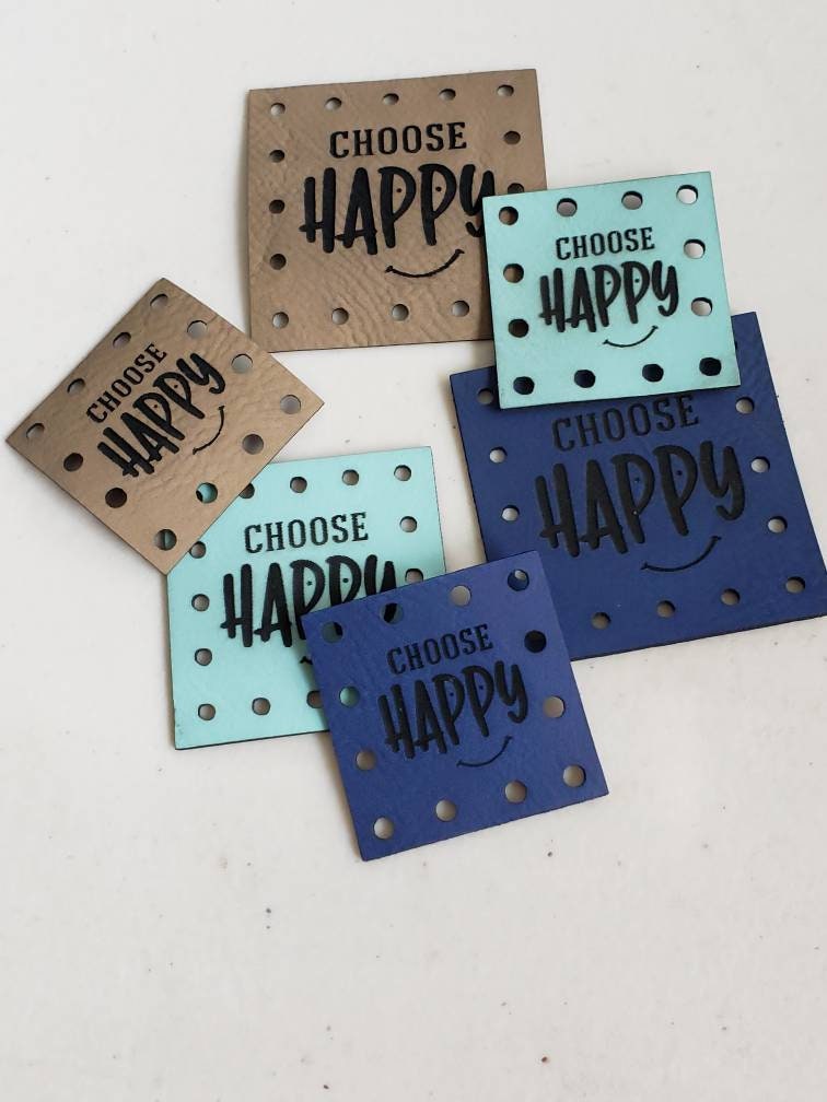 Choose Happy Vegan Leather Patch!  Blanket Patches! Knit Hat Patch!  Crochet Beanie Patch!  Cup Cozy Patches!  Vegan Patches!