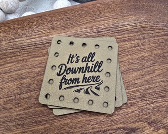 It's All Downhill From Here Faux Leather Patch! Knit Hat Patch!  Crochet Beanie Patch!  Cup Cozy Patch! Winter! Snow! Sports! Skiing!