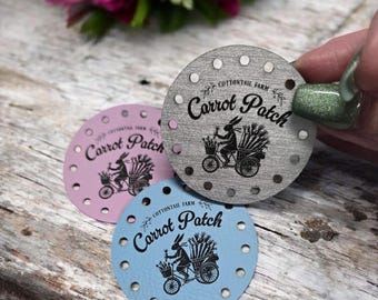 Carrot Patch Easter Bunny Bike Faux Leather Tags! Laser Engraved! Add a Touch of Spring! Ideal for crocheting or knitting! New Colors!