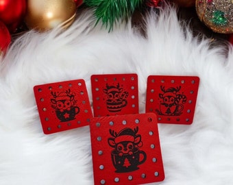 Reindeer Cup Patch! Christmas Tree! Star! Candy Cane! Crochet Beanie Patch! Knit Hat Patch! Ultrasuede!  Faux Leather! Set of 4! Winter!