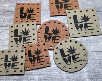 Love Weed patches Faux Leather Patch! Cup Cozy Patch! Patches!  Mason Jar Cozy!  Tea Cozy Patch!  Knit Patch!  Crochet Patch! 420!