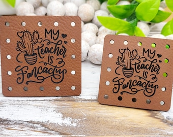 My Teacher is Fancactus Faux Leather Patch! Humor! Crochet! Knit!  Ice Cream Cozy Patch! Cute!  3 Sizes! Students! School!