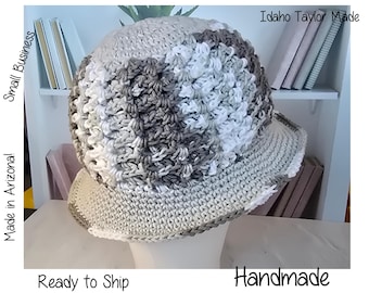Handmade Crochet Monochromatic Bucket Hat, Variegated White & Grey Sun Hat, Cool Gunmetal Charcoal Beach Hat, Grayscale Summer Knit Hat