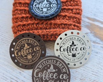 Witches Brew Coffee Co Stirring Up Trouble Patches! Crochet Patch! Knit Hat Patch! Fall! Coffee Cup Cozy Patch!  Book Cover Patches!