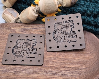 Falcons Faux Leather Patches Crochet Beanies ~ Cozies ~ Ear warmers ~ Baskets ~ Market Bags ~ Knit Hats Book Covers! Mascot! School Teams!