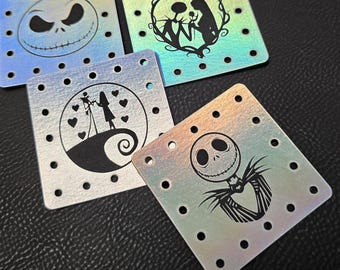 Set of 4 Halloween Designs Faux Leather Patches Crochet Beanies ~ Cozies ~ Ear warmers - Baskets ~ Movie ~ Market Bags ~ Knit Hats