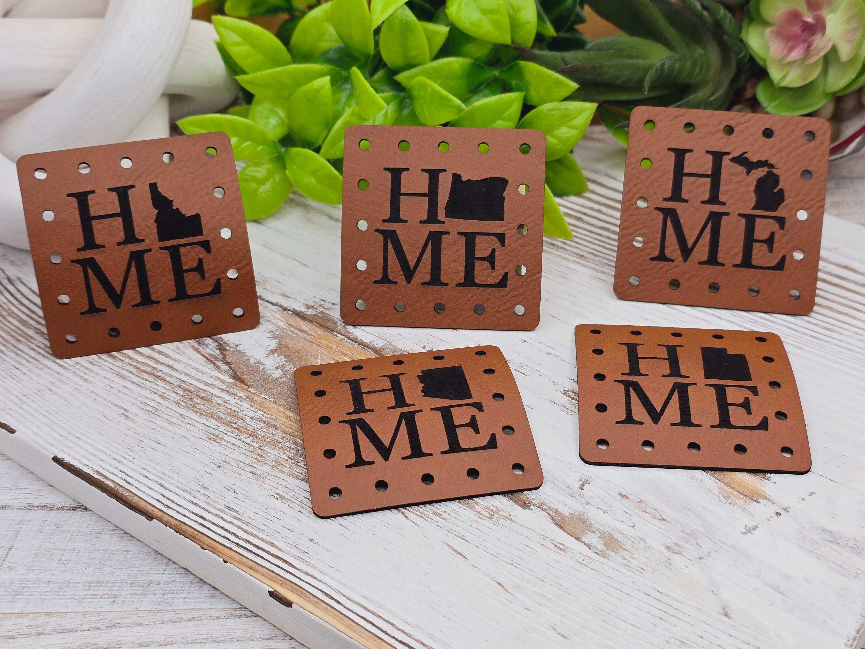 HOME with State Faux Leather Patch!  Crochet! Knitting! Sewing! Patches! Beanie Patch! Knit Hat Patches Product Tags! Choose Your State! Fun - Thumbnail 4