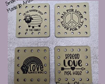 Rainbow Sheep, All Love, Love Wins, Spread Love Hate Faux Leather Engraved Patches |Style Sew-On Labels for Crochet, Knit | Set of 4 LGBTQ