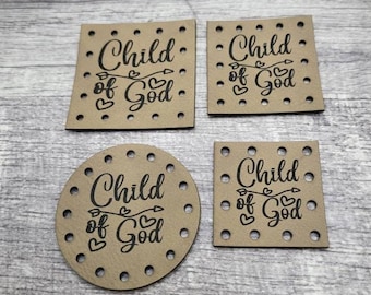Child of God patches Faux Leather Patch! Knit Hat Patch!  Knit Coffee Cup Patches!  Crochet Cup Cozy Patch! Crochet Beanie Patch! Hat Patch!