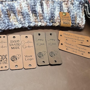 Custom .85&quot; x 2.50&quot; Faux Leather Tag | Crochet  or Knit Hat Fold Over Tag |  PERSONALIZE! Logo Labels | Baskets, Blanket, Dog Bandana, Tags
