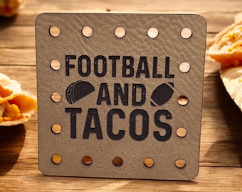 Football & Tacos Faux Leather Patch! Crochet! Knitting! Sports! Cup Cozy Patch! Beanie Patch! Game Night! Party Time!  Ear Warmer Patch!