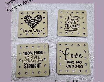 Love Wins, Love About Hearts, 100% Pride, Love has no Gender Faux Leather Engraved Patches |Style Sew-On Labels for Crochet, Knit | Set of 4