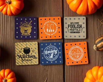 Set of 6 Halloween Designs  Faux Leather Patches Crochet Knit Beanies, Cozies, Ear warmers -  Witches Options, Cat, Foolish! Market Bags!