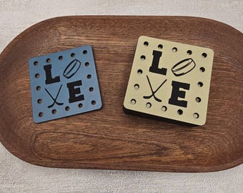 LOVE Hockey Faux Leather Patches Crochet Beanies ~ Cozies ~ Ear warmers ~ Knit Hats ~ Sports ~ Hockey