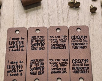 10 Sarcastic Humor Tags: Faux Leather Crochet Labels with Rivets 5 Sayings
