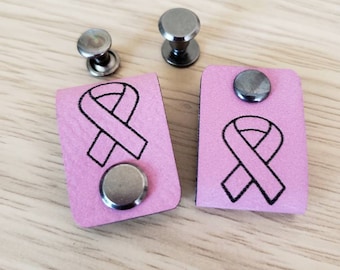 10 Breast Cancer Ribbon  Faux Leather Tag w/ rivets .85" x 2.5"  Knit Hat Tag! Crochet beanie label! Cup Cozy Tags! Pink! October Awareness!