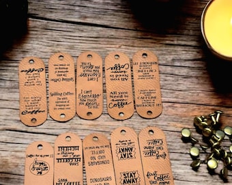 10 Coffee Theme faux leather tags! Dinosaurs! Caffeine! Bean! Espresso! Knit Tags! Crochet Label! Cup Cozy Tag! Rivets! Coffee Mug Cozy Tag!