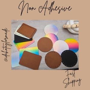 May include: Assortment of colorful, non-adhesive crochet bag bases in various shapes. Includes brown, black, white, and rainbow-colored square and round bases. The image also features the text "Non Adhesive" and "Fast Shipping".