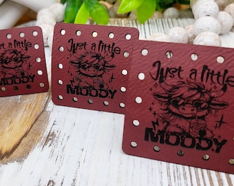 Just a Little MooDy Highland Cow Coffee Sipping! Crochet Beanie Patch! Knit Hat Patch! Faux Leather! Ultrasuede! Boho Patch!