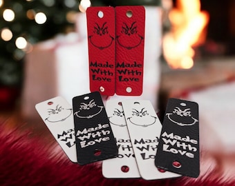 10 Faux Leather Grinch Made With Love Tags! Crochet Beanie Tags! Cup Cozy Tags! Christmas! Holiday! Fun!