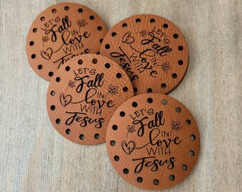 Let's Fall in love with Jesus Vegan Leather Patches!  Crochet Beanie Patch! Knit Hat Patch! Cup Cozy Patches! Autumn patches!
