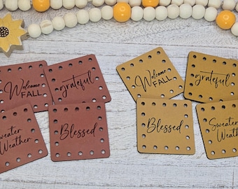 Welcome Fall, Blessed, Grateful, Sweater Weather Faux Leather Engraved Patches | Set of 4 Sew-On Labels for Crochet & Knit |