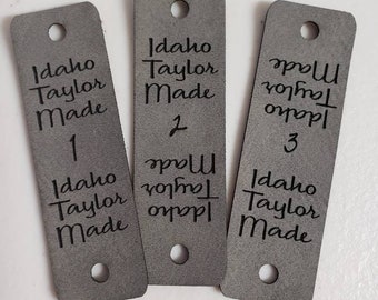Grey Faux Leather Tag  .85" x 2.50"  Knit hat tags! Crochet beanie label! CUSTOM Tags!  Snap Rivets! Sewing labels! Round Edges! PERSONALIZE