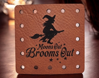 Moons Out Brooms Out Faux Leather Patch!  Crochet! Knitting! Patches! Beanie Patch!  Cozy Patch!  Halloween! Witch! Hat Patch! Fun!