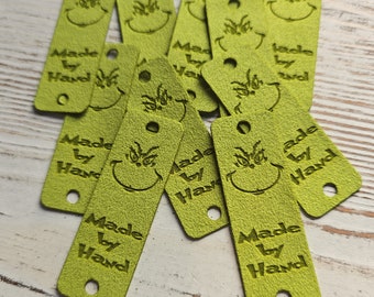 10 Vegan-Friendly Faux Leather or Ultrasuede Grinch Made by Hand Tags! Crochet Beanie Tags! Cup Cozy Tags! Christmas! Holiday! Fun!