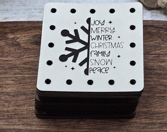 Snowflake Joy Merry Winter Christmas Family Snow Peace  Faux Leather Patches Crochet Beanies ~ Cozies ~ Ear warmers ~ Knit Hats