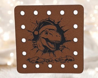 T Rex in Santa Hat PATCHES Faux Leather Patch!  Knit Hat Patch!  Crochet Beanie Patch!  Cup Cozy Patch! Holidays! Winter!