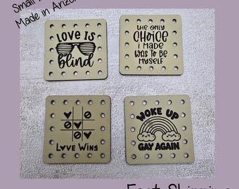 Love is Blind, Woke up Gay, Love Wins, Choice Faux Leather Engraved Patches | Pride & Style Sew-On Labels for Crochet, Knit | Set of 4