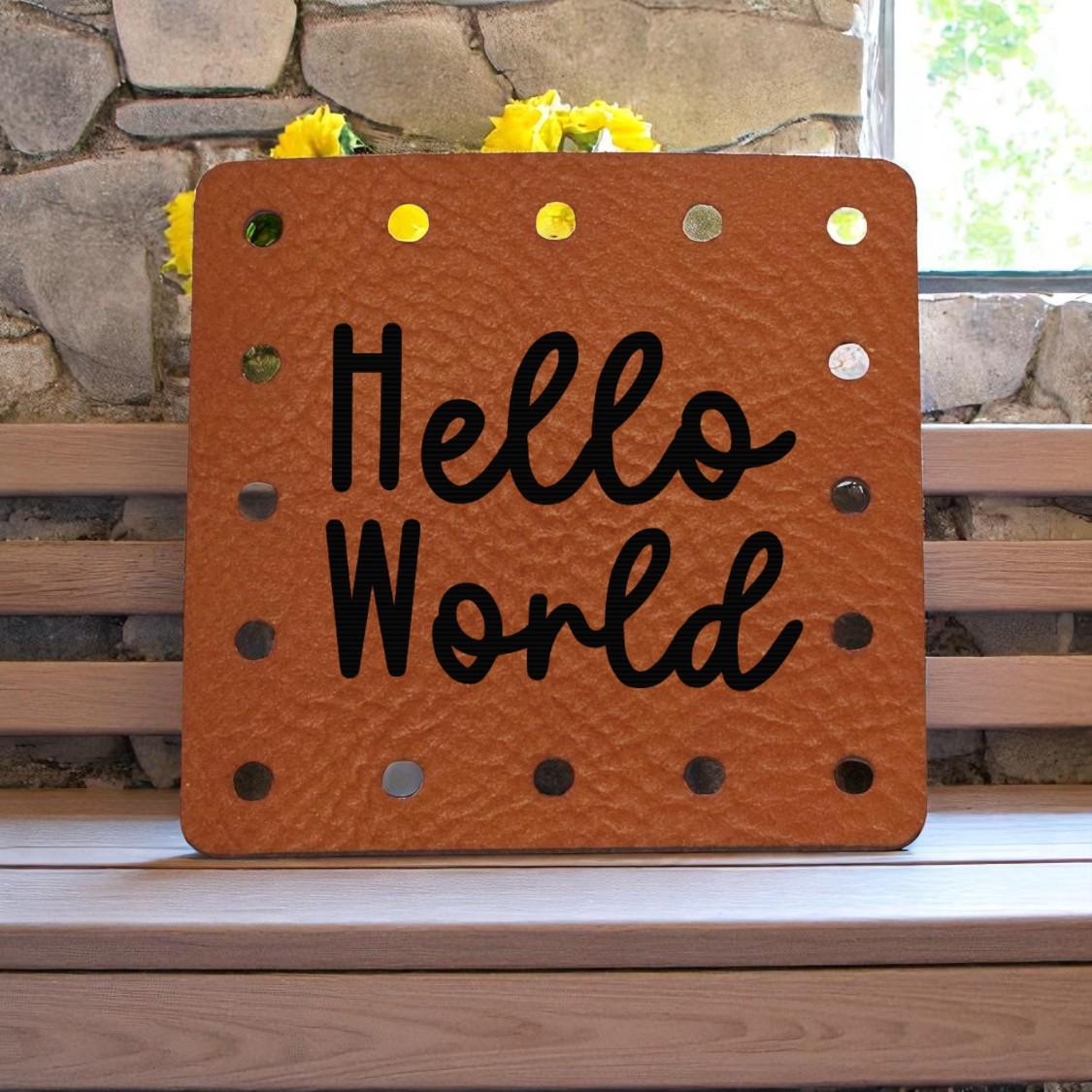 Hello World Patch - Boho Baby Tag - Newborn Beanie Label - Vegan Leather or Suede! Blanket Patches! Crochet Beanie Patch! Knit! Crafts! - Thumbnail 7