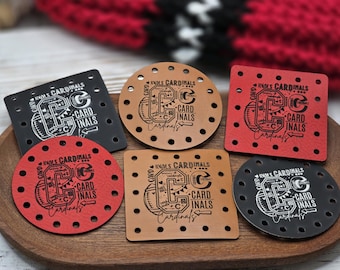 Cardinals Faux Leather Patches Crochet Beanies ~ Cozies ~ Ear warmers ~ Baskets ~ Market Bags ~ Knit Hats Book Covers! Mascot! School Teams!