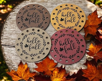 Set of 4 Hello Fall Faux Leather Patches Crochet Beanies ~ Cozies ~ Ear warmers ~ Baskets ~ Market Bags ~ Knit Hats ~ Book Covers!
