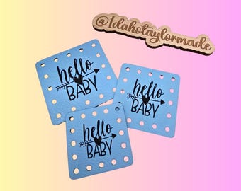 HELLO Baby Vegan Leather or Ultrasuede Patches!  Blanket Patches! Knit Hat Patch!  Crochet Beanie Patch!  Cup Cozy Patches!  Baby Hat Patch!