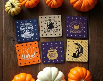 Set of 6 Halloween Designs for Handmade Items - Faux Leather Patches Crochet Knit Beanies, Cozies, Ear warmers -  Witches Brew, Broom, Cat!