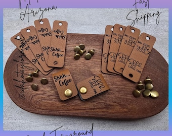 Shhh... Coffee! Coffee Cup Cozy Labels: Faux Leather Tags with Rivets!  Set of 10!  Shhh... It's Coffee Time! Crochet Cozy Patches