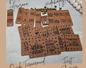 10 Coffee Cup Cozy Tags with Rivets or Patches: Faux Leather Crochet Labels. Coffee Because Adulting is Hard. Knit Coffee Cup Cozy Tags
