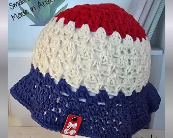 Handmade Crochet Bucket Hat, Red White Blue Striped Sun Hat, Summer Festival Cotton Knit Hat, Retro Granny Stitch Beach Hat, Ready to Ship