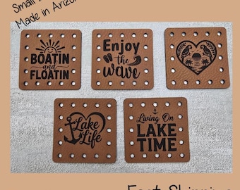 Boatin Floatin Enjoy the Wave, Heart, Lake Life, Time Faux Leather Engraved Patches | Sew-On Labels for Crochet Set of 5 No holes on request