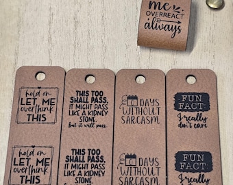 10 Sarcastic Humor Tags: Faux Leather Crochet Labels with Rivets 5 Sayings