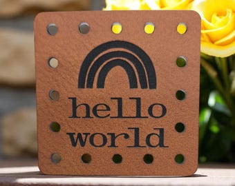 Hello World Rainbow Patch - Boho Baby Tag - Newborn Beanie Label - Vegan Leather or Suede! Blanket Patches! Crochet Beanie Patch!