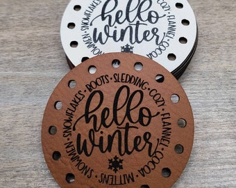 Hello Winter... Mittens Snowmen Snowflakes Vegan Leather Patch!  Knit Hat Patch!  Crochet Beanie Patch!  Cup Cozy Patch! Blanket Patches!