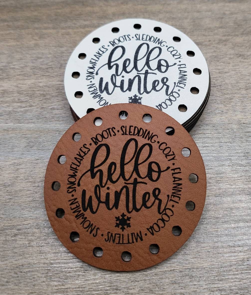 Hello Winter... Mittens Snowmen Snowflakes Vegan Leather Patch!  Knit Hat Patch!  Crochet Beanie Patch!  Cup Cozy Patch! Blanket Patches!