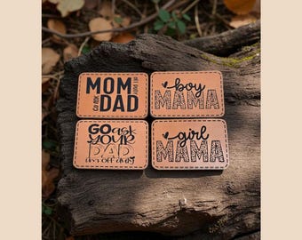 Set of 4 Mom Faux Leather Patches Crochet Knit Beanies, Cozies, Ear warmer ~ Boy Mama ~ Girl ~ Off Duty ~ Dad ~ Adhesive Option! Hat Patches
