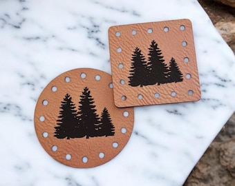 Triple Pine Trees Faux Leather or Ultrasuede Patch! Crochet Beanie Patch! Knit Baby Hat Patches! Boho! Cup Cozy Patch! Market Bag Patch!